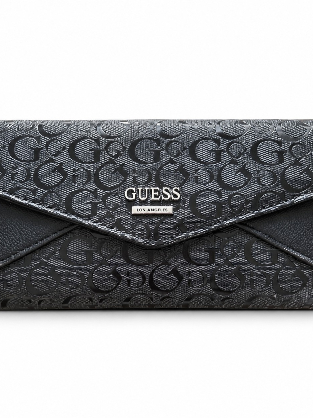 GUESS Los Angeles Black G Monogram Envelope Clutch Bag Silver Tone Logo
